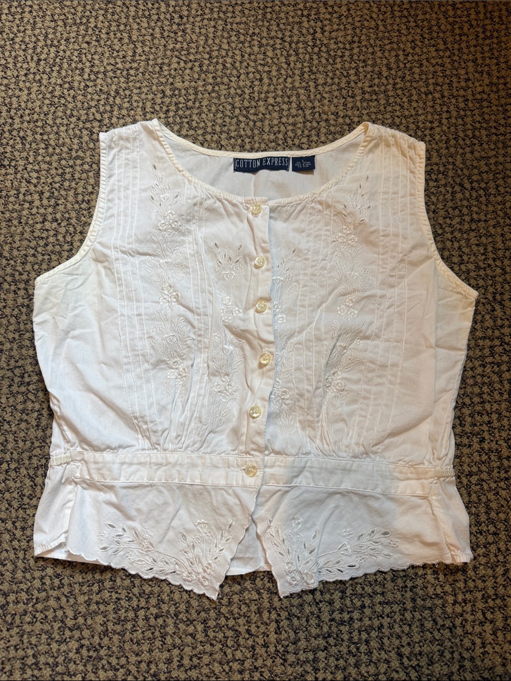 Vintage ‘Cotton Express’ White Sleeveless Embroidered Button-Up Blouse